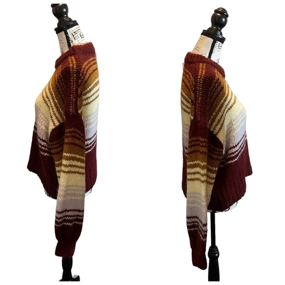 ZARA Wool Alpaca Chunky Knit Pullover Striped Sweater Burgundy Size Medium NWOT - Picture 5 of 11